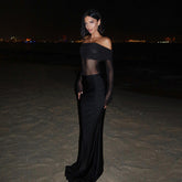 Vestido largo de otoño elegante ajustado con hombros descubiertos de malla